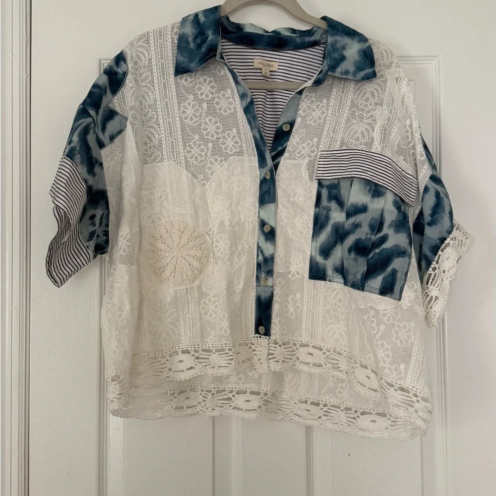 Pilcro by Anthropologie Patchwork Cabana Shirt Size Large Blue White Button Down - Picture 3 of 8